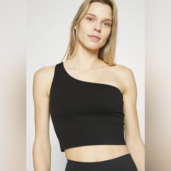 Athleta Aurora One Shoulder Black Ribbed Cropped Tank Top 531643 EUC Size Small - Picture 1 of 11
